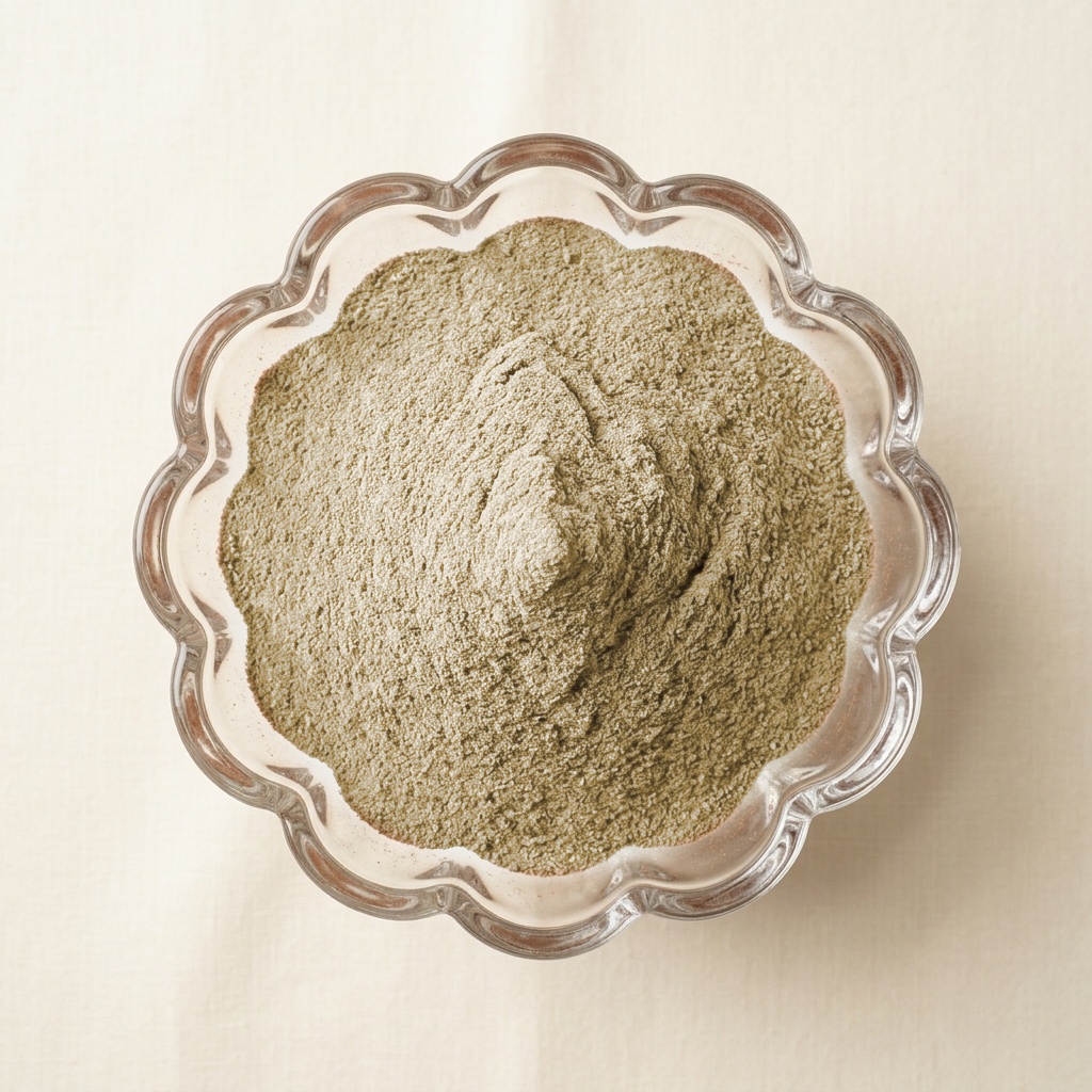 Scalloped glass bowl with GutVaidya diet powder